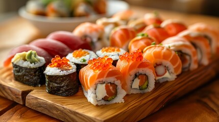 Delicious assortment of Japanese sushi on wooden platter, concept of culinary art and traditional cuisine