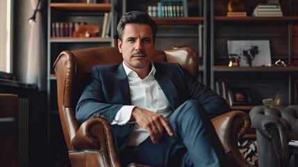 Handsome and successful businessman sits in a leather armchair at office room. copy space for text. - obrazy, fototapety, plakaty