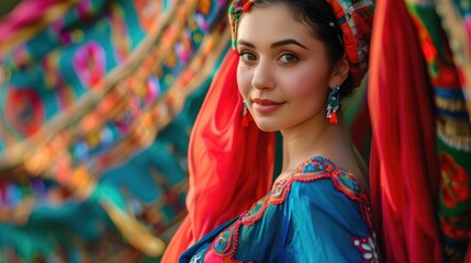 The picture of the professional traditional dancer looking at the camera with the blur background,...