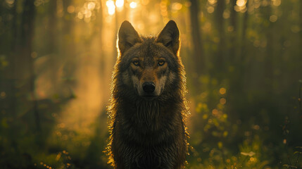 Portrait of a wolf standing in a foggy forest with sunlight shining through the trees in the morning