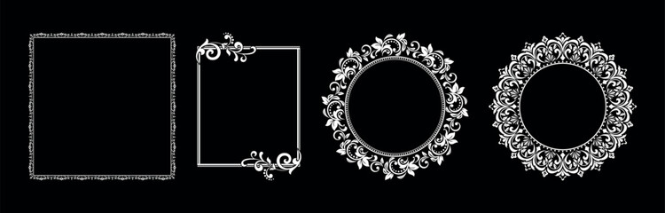 Set of decorative frames Elegant vector element for design in Eastern style, place for text. Floral black and white borders. Lace illustration for invitations and greeting cards.