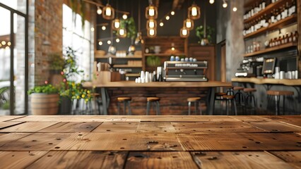 Empty coffee shop interior with wooden table for product display or montage. Concept Coffee Shop Interior, Empty Space, Product Display, Wooden Table, Montage Opportunity