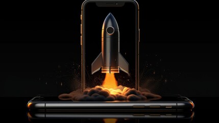 Rocket illustration on iphone cell phone screen, black background. Generative AI hyper realistic 