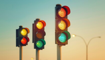 Close up of sturdy traffic light poles with vibrant signals on neutral background