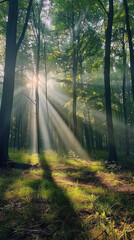 Sunlit Forest Clearing with Beams., International Sun Day, the importance of solar energy, Sun’s contributions to life on Earth.