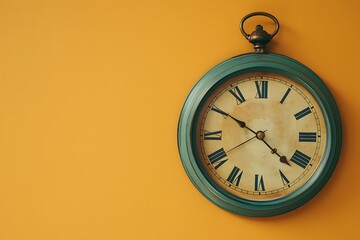 Part of analogue plain wall clock on trendy pastel orange background. Ten o'clock. Close up with copy space, time management or school concept and summer or winter time change