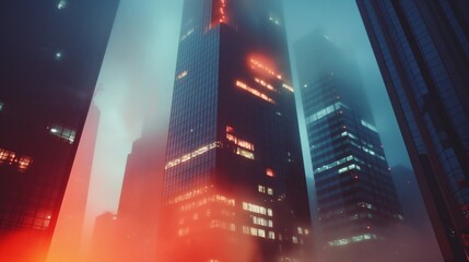 Skyscrapers with neon lights in foggy city at night low angle view