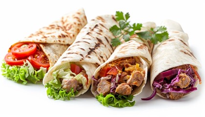 Colorful shawarmas displayed in perspective on white background, showcasing unique fillings
