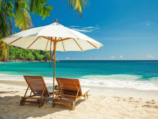 Two beach chairs under an umbrella on a sandy beach, with a turquoise ocean and palm trees in the background. Perfect for summer vacation and relaxation 