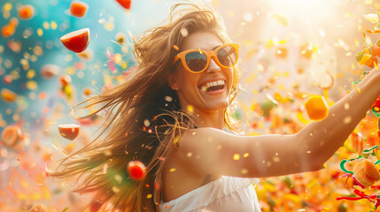 A beautiful woman with sunglasses is smiling and having fun, surrounded by flying fruits against a...
