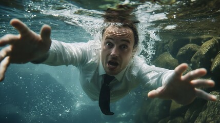 Businessman drowning struggle in water screaming financial crisis looking for help male Caucasian in suit underwater