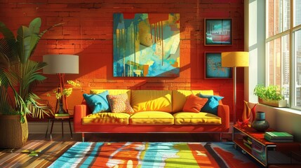 Eclectic Living Room Artistic Expression: An illustration featuring an eclectic living room as an artistic expression