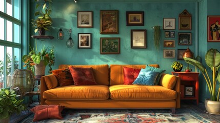 Eclectic Living Room Accessories Selection: A 3D illustration featuring an eclectic living room with a curated selection of accessories