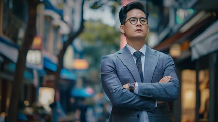 Fototapeta premium Businessman with eyeglasses watch cross hands stands on street Asian male in suit