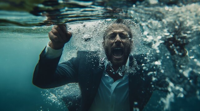 Businessman drowning struggle in water screaming financial crisis male Caucasian in suit underwater - Powered by Adobe