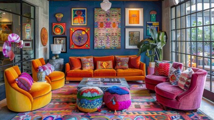 Naklejka premium Eclectic Living Room Mix: A photo showcasing an eclectic living room with a mix of different furniture styles and decor element
