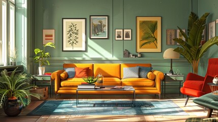 Eclectic Living Room Mix Furniture: An illustration showcasing an eclectic living room