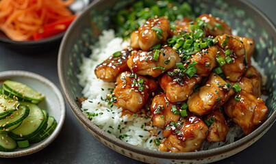 A succulent teriyaki chicken with steamed rice, garnished with sesame and green onions. Generate AI