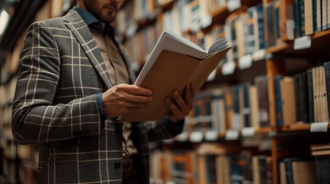 Focused man reading book in library, wearing plaid blazer, concept of education and lifelong learning