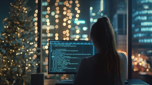 Female programmer coding at computer desktop in office at night cityscape neon lights outside window - Powered by Adobe