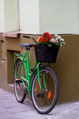 Fototapeta na wymiar Green bicycle with pretty flowers against a wall