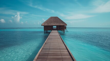 Wooden walk path way of resort hotel on ocean tranquil seaside clear water blue sky white clouds horizon