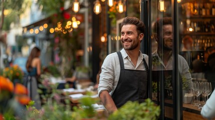 Friendly male waiter smiling outside a bustling cafe, embodying the warmth and welcoming atmosphere of local eateries, Concept of hospitality and community.
