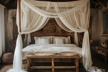 A canopy bed with sheer white fabric draped over the top, creating a romantic atmosphere in the style of contemporary bedroom design, modern canopy bedroom look