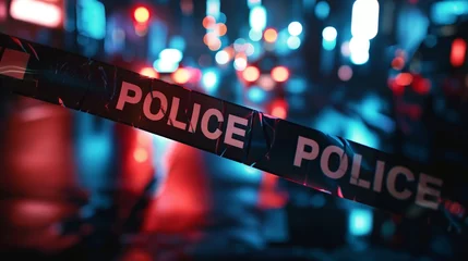 Keuken foto achterwand Police tap close up next to crime scene at night city street neon lights © Nick