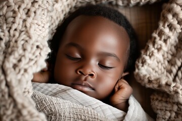 Serene African Infant Sleeping Peacefully Wrapped in a Knit Blanket