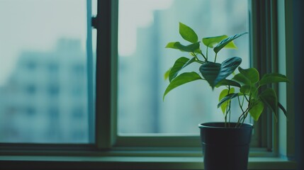 Lonely small green plant in flowerpot next to window curtain during cloudy day