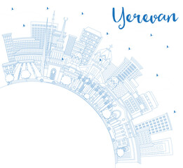 Outline Yerevan Armenia City Skyline with Blue Buildings and Copy Space. Yerevan Cityscape with Landmarks. Business Travel and Tourism Concept with Historic Architecture.