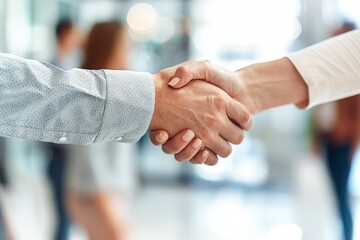 Close-Up of a Firm Handshake Between Two Individuals in an Office Environment