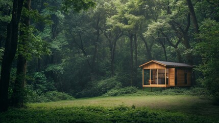 Small wooden house with modern interior near grass field in lush green forest jungle