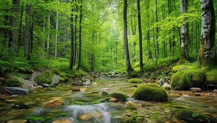 Beautiful forest with green trees and rocks in the stream