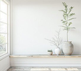 Fototapeta premium Serene minimalist interiors in neutral tones. Interior design composition with minimal furniture.
