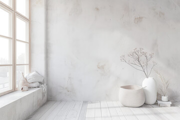 Serene minimalist interiors in neutral tones. Interior design composition with minimal furniture.