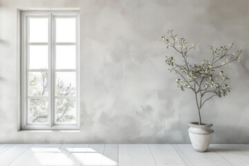 Serene minimalist interiors in neutral tones. Interior design composition with minimal furniture.