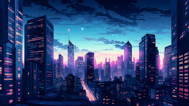 Digital retro skyscrapers at night abstract art design graphic poster web page PPT background