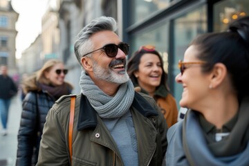 Portrait of middle-aged man with gray beard wearing sunglasses and scarf while walking in city