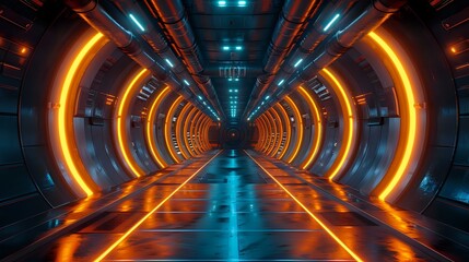 Science Fiction Vibe in a Modern Corridor with Golden Illumination