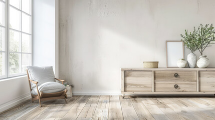 Serene minimalist interiors in neutral tones. Interior design composition with minimal furniture.