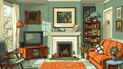 Vintage Living Room Retro Collection: An illustration featuring a vintage living room with a retro collection of furniture