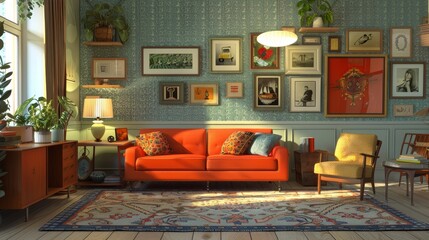 Vintage Living Room Retro Design: A 3D illustration highlighting a vintage living room