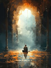 Ai Generative Watercolor Islamic background of a muslim man pray in mosque