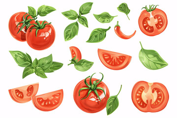 An illustration of Ripe tomatoes and leaves scattered on a white background, flat lay top view