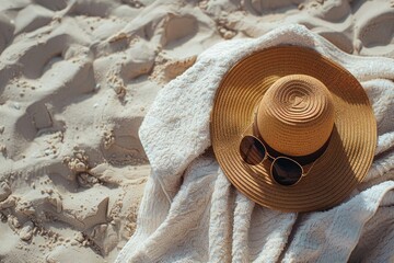 Girl with sunglasses, a straw hat, and a beach towel arranged. Generative Ai - obrazy, fototapety, plakaty