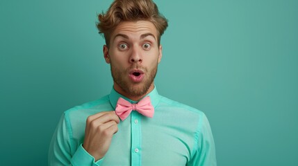 Surprised young man wearing a turquoise shirt and pink bow tie, expressing excitement and shock, concept of unexpected joy and vibrant personality