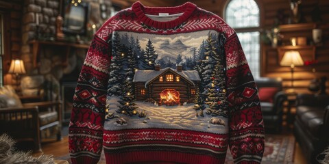 Cozy cabin sweater with a cheerful crackling fireplace emanating warmth on the front 