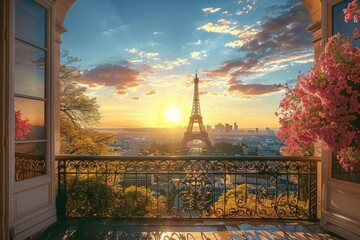 beautiful Paris balcony at sunset with Eiffel tower view